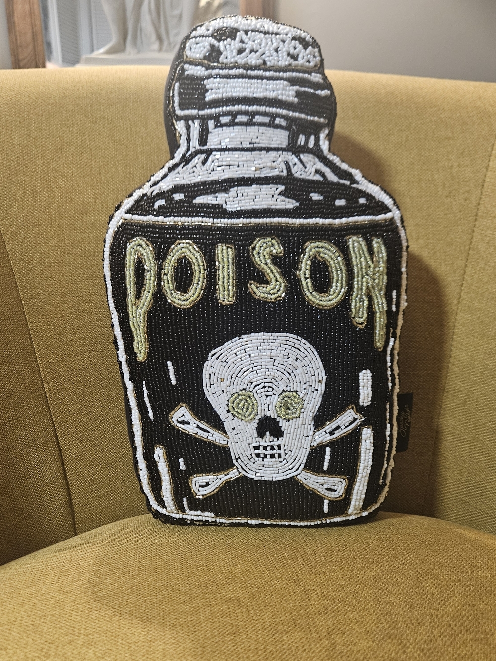 Beaded 'Poison' Skull Bottle Accent Pillow